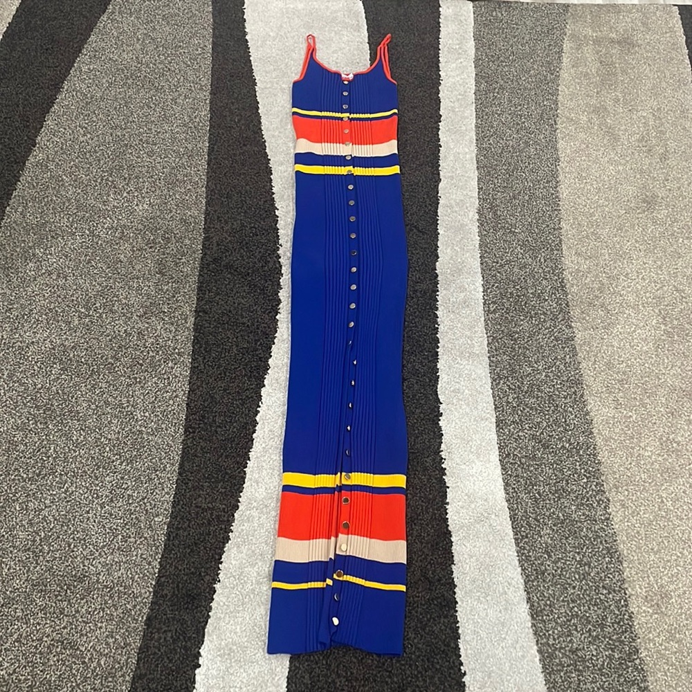 Sleeveless Button-Front Maxi Dress in Blue with Multicolor Stripes
